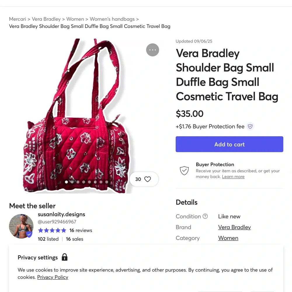 ‘Vera Bradley’ Quilted Red Bandana Duffel Bag - Picture 9 of 9